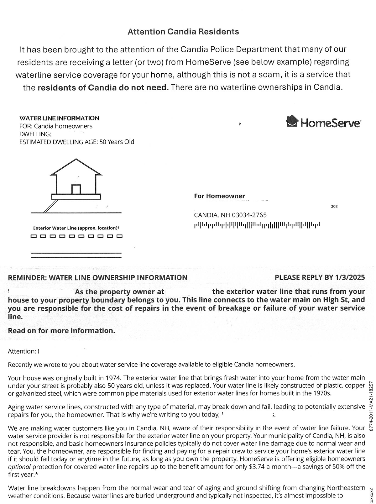 Example of HomeServe letter scam