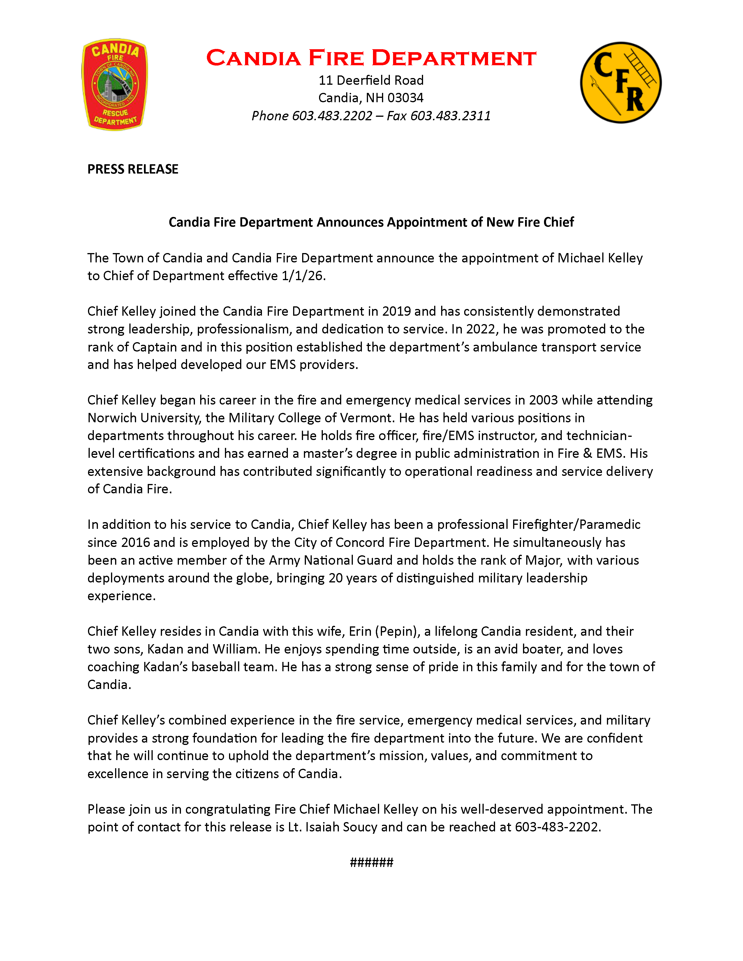 Candia Fire Department Announces Appointment of New Fire Chief