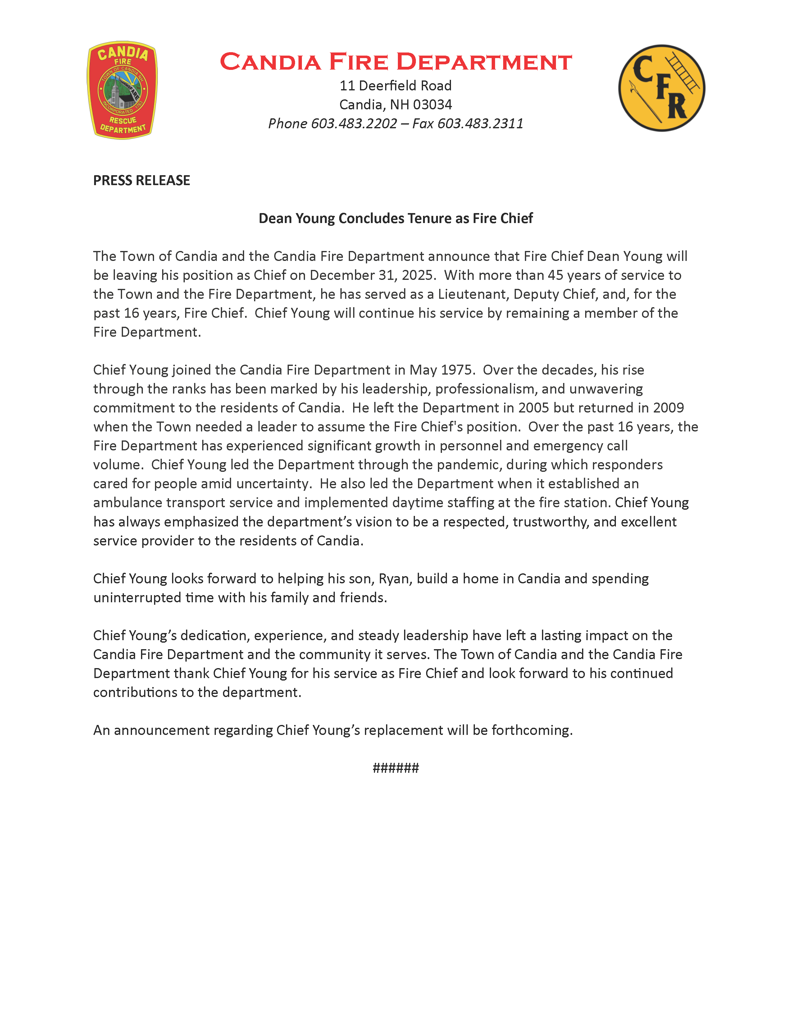 Dean Young concludes tenure as Fire Chief